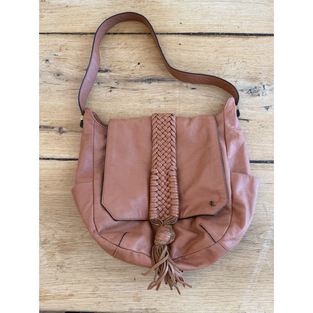 Elliott Lucca Sabine Leather Shoulder Bag Braided Tassel Boho Cognac Hobo